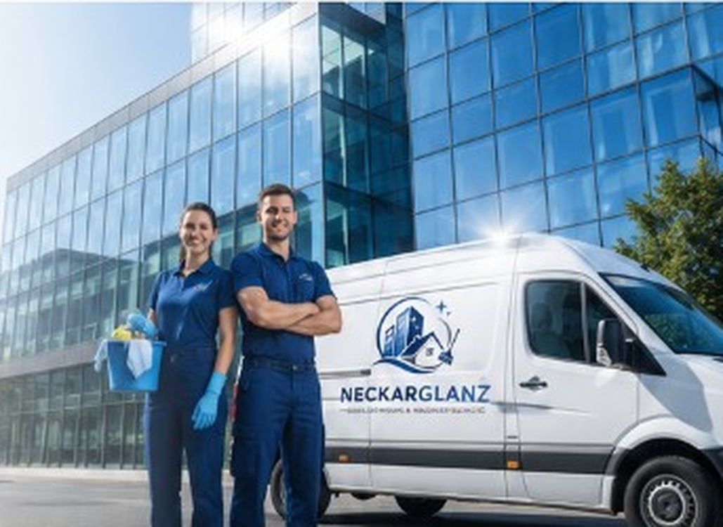 NeckarGlanz Team mit Firmenwagen vor modernem Bürogebäude